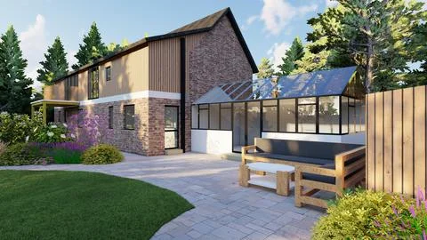 Modern Rustic House Rendering with Glass Greenhouse and Patio Garden 스톡 일러스트