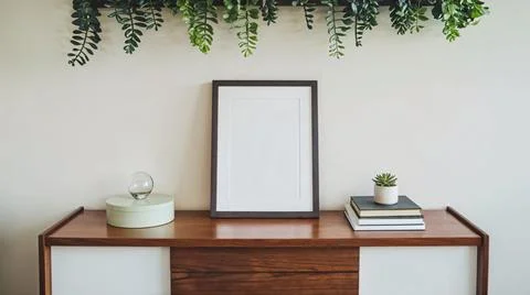 Modern rustic interior with a wooden table, cactus plant, and empty frame m.. Stock Photos