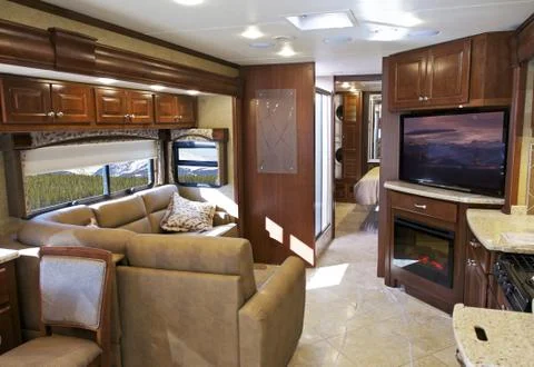 Modern rv interior. class a spacious and luxury interior with large led telev Stock-Fotos