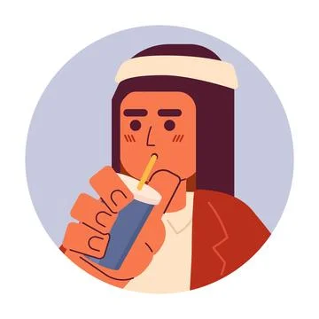 Modern saudi guy drinking through straw 2D vector avatar illustration Stock Illustration