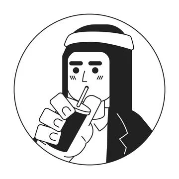 Modern saudi guy drinking through straw bw 2D vector avatar illustration Stock Illustration