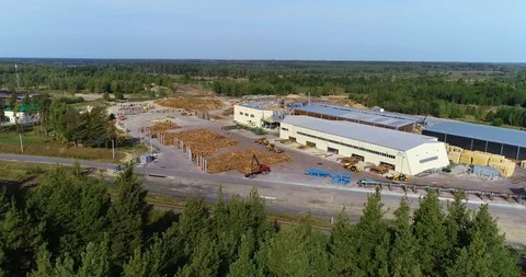 Modern sawmill aerial view, working process at the sawmill top view Stock Footage 104095656