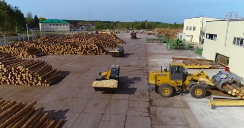 Modern sawmill aerial view, working process at the sawmill top view Stock Footage 107607752