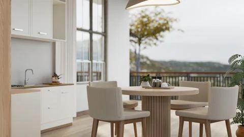 A modern Scandinavian kitchen with a dining table and a beautiful view thro.. Stock Illustration