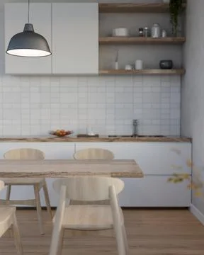 Modern Scandinavian Kitchen with Dining Table and Pendant Lamp Stock Illustration