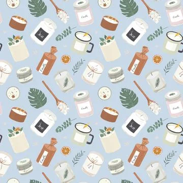 Modern scented candles, seamless pattern, natural wax decorated candles, various Stock Illustration