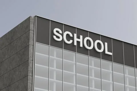 Modern School Building with a Large SCHOOL Sign. 3d Rendering Stock Illustration