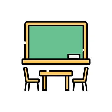 Modern school classroom icon featuring green board duster table and seating Stock Illustration