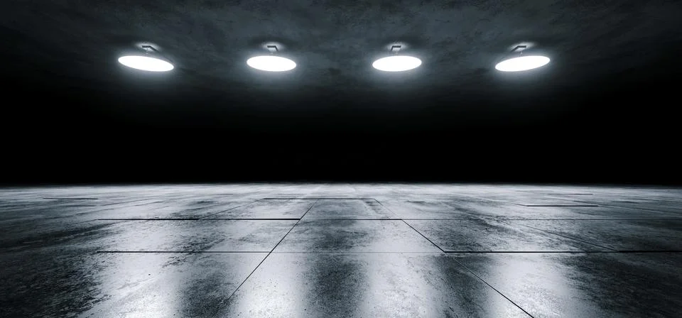 Modern Sci Fi Empty Stage Dome Ceiling Lights White Glowing On Dark Grunge Re Stock Illustration