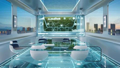 Modern sci-fi futuristic interior office design Stock Illustration