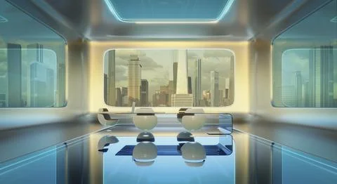 Modern sci-fi futuristic interior office design with  beautiful cityscape vie Ilustración de archivo