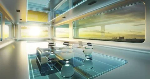 Modern sci-fi futuristic interior office design with  beautiful landscape vie Ilustración de archivo
