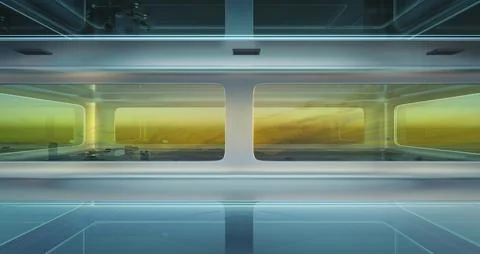 Modern sci-fi futuristic interior office design with  beautiful landscape vie Ilustración de archivo