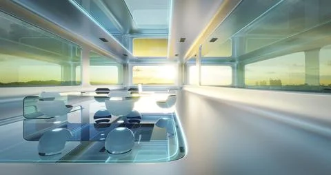 Modern sci-fi futuristic interior office design with  beautiful landscape vie Ilustración de archivo