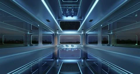 Modern sci-fi futuristic interior office design with  beautiful landscape vie Ilustración de archivo