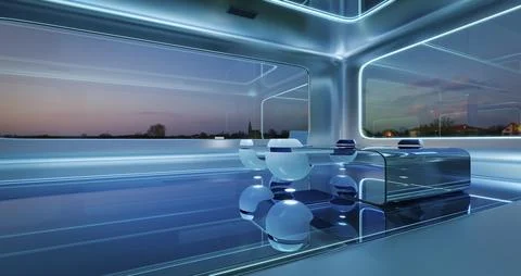 Modern sci-fi futuristic interior office design with  beautiful landscape vie Ilustración de archivo