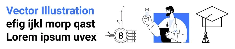 Modern Science and Education Elements with Doctor, Bitcoin, and Graduation Ca Illustrazione stock