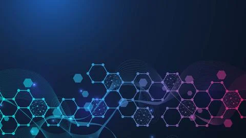 Modern science background with lines, dots and hexagons. Wave flow abstract Stock Illustration