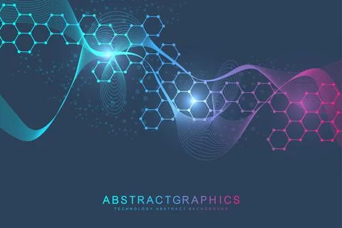 Modern science background with lines, dots and hexagons. Wave flow abstract Stock Illustration