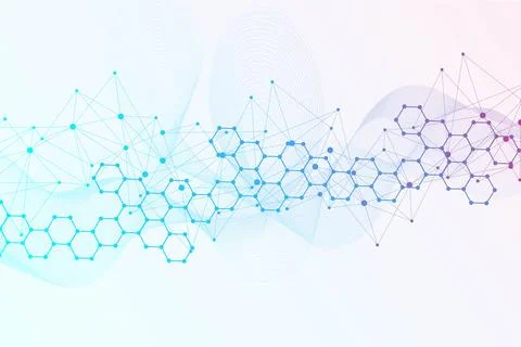 Modern science background with lines, dots and hexagons. Wave flow abstract Illustrazione stock