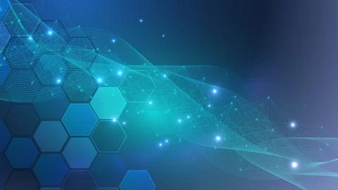 Modern science background with lines, dots and hexagons. Wave flow abstract Illustrazione stock