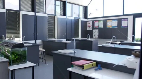 Modern science classroom in a high school Stock Footage