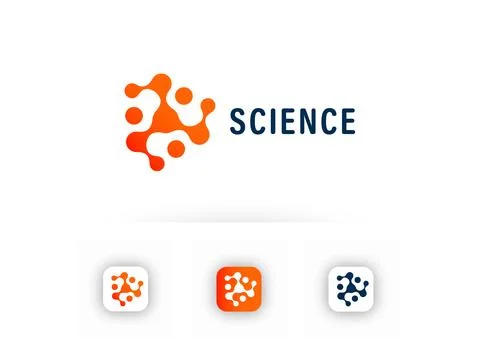 Modern science logo with an abstract molecular network of connected nodes in a Stock Illustration