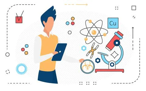 Modern science research technology, microscope equipment, experiment symbol and Stock Illustration