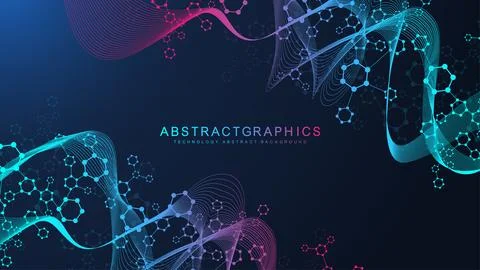 Modern scientific background with hexagons, lines and dots. Wave flow abstr.. Illustrazione stock
