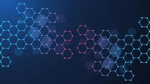 Modern scientific background with hexagons, lines and dots. Wave flow abstr.. Stock Illustration