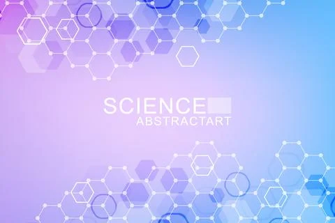 Modern scientific background with hexagons, lines and dots. Wave flow abstr.. Illustrazione stock