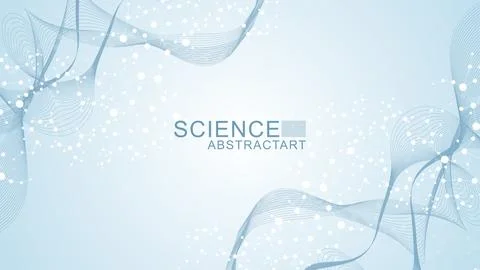 Modern scientific background with hexagons, lines and dots. Wave flow abstr.. Stock Illustration