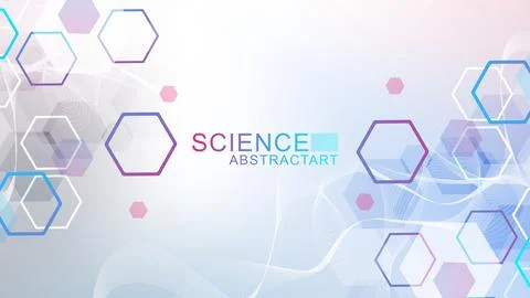 Modern scientific background with hexagons, lines and dots. Wave flow abstr.. Illustrazione stock
