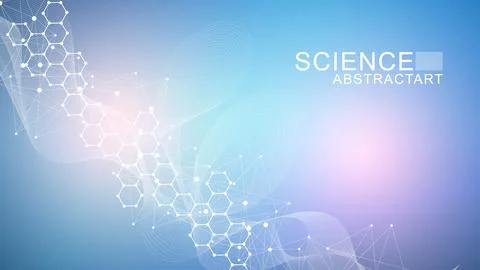 Modern scientific background with hexagons, lines and dots. Wave flow abstr.. Stock Illustration