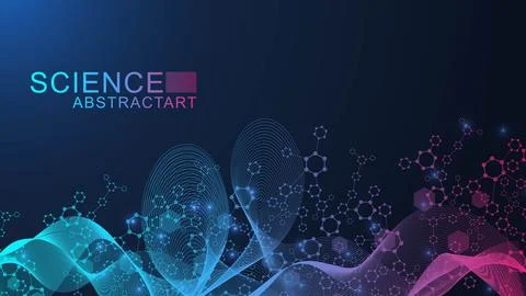Modern scientific background with hexagons, lines and dots. Wave flow abstract Stock Illustration