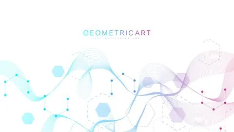 Modern scientific background with hexagons, lines and dots. Wave flow abstract Illustrazione stock