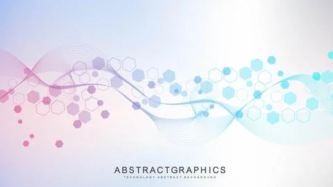 Modern scientific background with hexagons, lines and dots. Wave flow abstract Stock Illustration