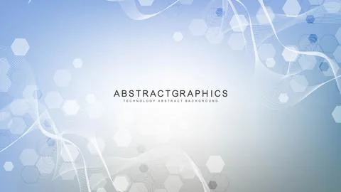 Modern scientific background with hexagons, lines and dots. Wave flow abstract Stock Illustration
