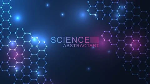 Modern scientific background with hexagons, lines and dots. Wave flow abstract Stock Illustration