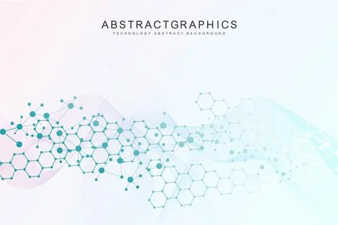 Modern scientific background with hexagons, lines and dots. Wave flow abstract Stock Illustration