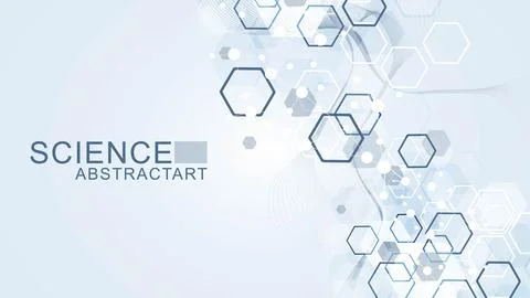 Modern scientific background with hexagons, lines and dots. Wave flow abstract Stock Illustration