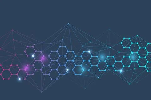 Modern scientific background with hexagons, lines and dots. Wave flow abstract Illustrazione stock