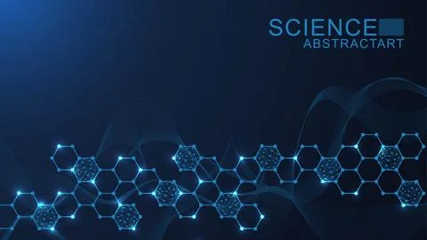Modern scientific background with hexagons, lines and dots. Wave flow abstract Stock Illustration