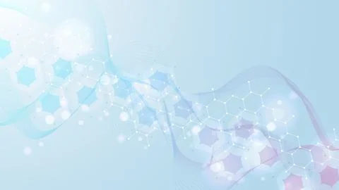 Modern scientific background with hexagons, lines and dots. Wave flow abstract Illustrazione stock