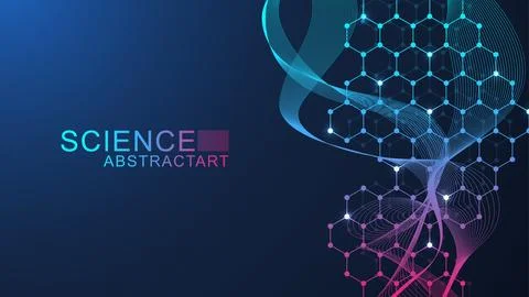 Modern scientific background with lines, dots and hexagons. Wave flow abstr.. Stock Illustration