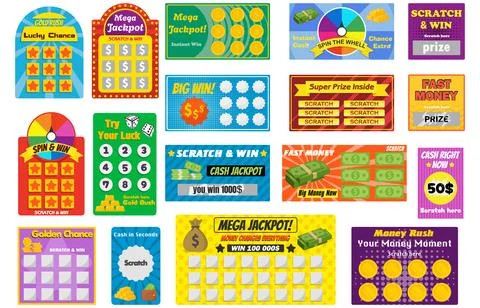 Modern scratch card lottery set featuring mega jackpot, super prize, fast mon Illustrazione stock