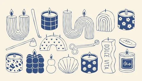 Modern sculptural candle vector set with abstract shapes, arches, waves and Stock Illustration