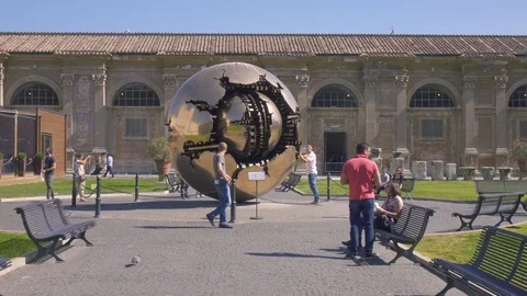 Modern sculpture Sphere in Sphere in inner yard of Vatican, Rome Italy steadicam 스톡 동영상 105434112