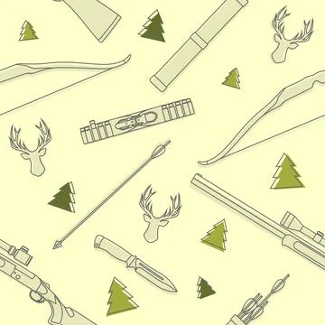 Modern seamless  linear pattern with deer heads, hunting equipment, weapons Illustrazione stock