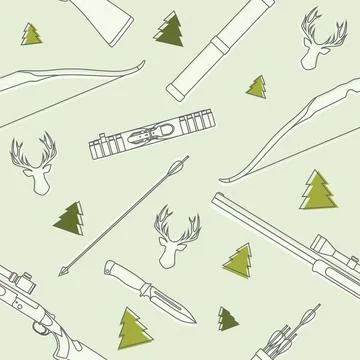 Modern seamless  linear pattern with deer heads, hunting equipment, weapons Stock Illustration